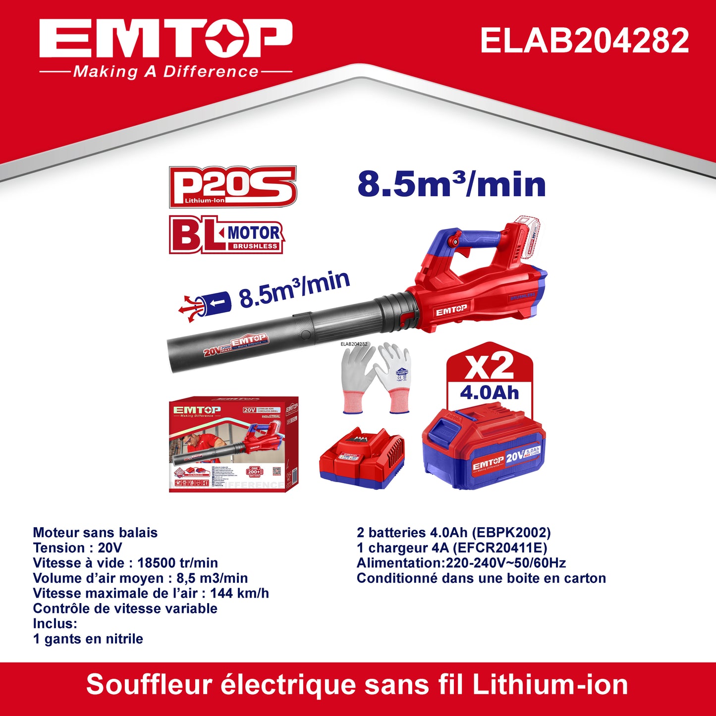 Souffleur à batterie brushless EMTOP 20V avec 1 chargeur 4A + 2 batteries lithium-ion 4.0Ah + Gant picots PVC