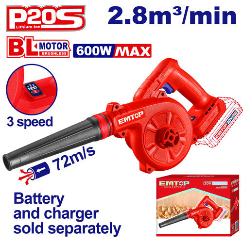 Souffleur sur batterie 20 V - Brushless - EMTOP - 72 m/s, Batterie et chargeur vendus séparément Hover Image