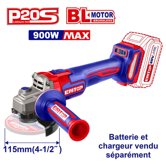 Meuleuse d'angle 115mm sans fil Brushless 20V EMTOP Batterie et chargeur vendus séparément Hover Image