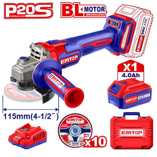 Meuleuse d’angle sans fil EMTOP 4,0 Ah Li-Ion 20V avec 1 batterie 4,0 Ah et 1 chargeur, régime max. 9000 tr/min, disques Ø 115 mm