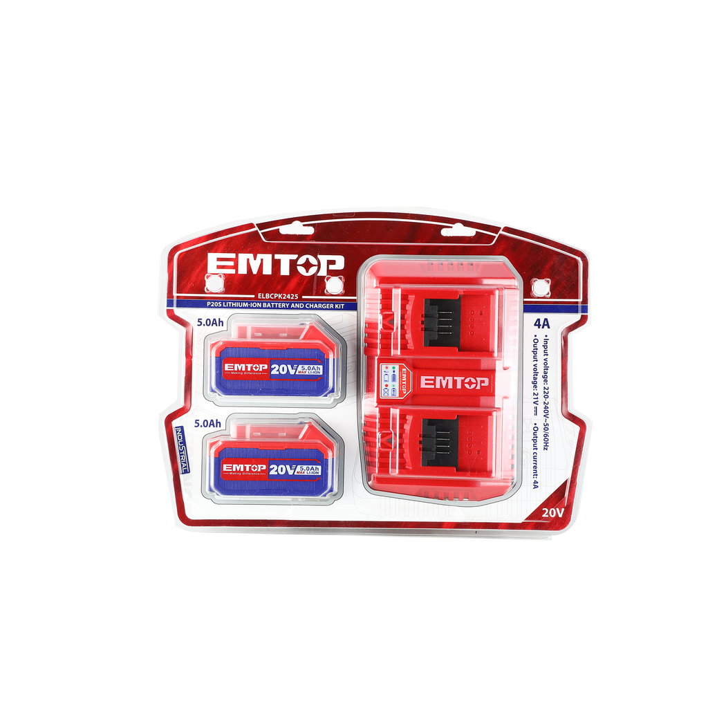 Pack de 2 batteries 5,0Ah + 1 chargeur double port EMTOP 20V