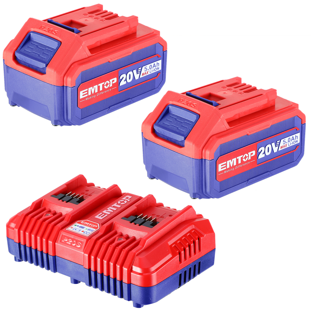 Pack de 2 batteries 5,0Ah + 1 chargeur double port EMTOP 20V