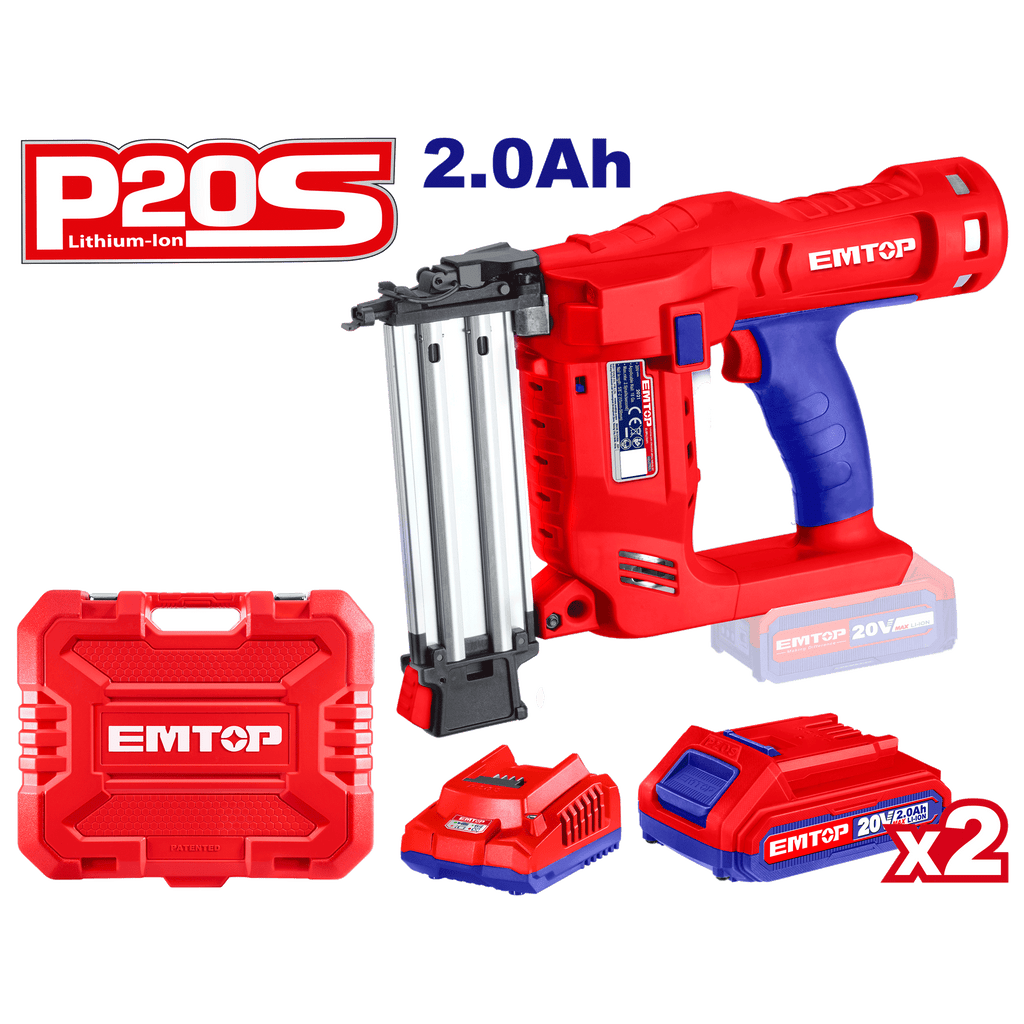 Agrafeuse et cloueur de finition 15-50mm à batterie EMTOP Brushless 2 batteries 2.0Ah + chargeur