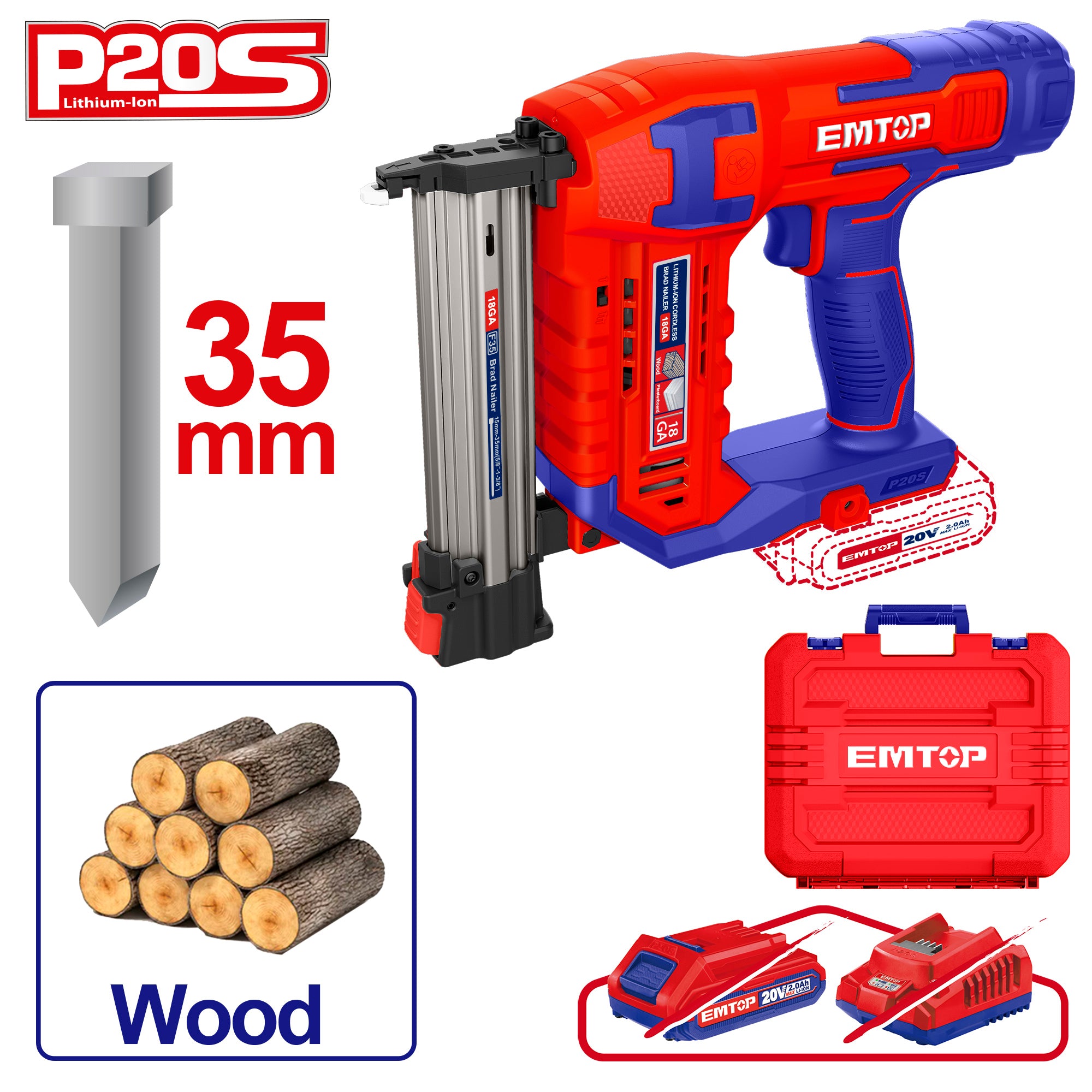 Agrafeuse et cloueur de finition bois 15-35mm à batterie EMTOP 20V batterie et chargeur vendus séparément