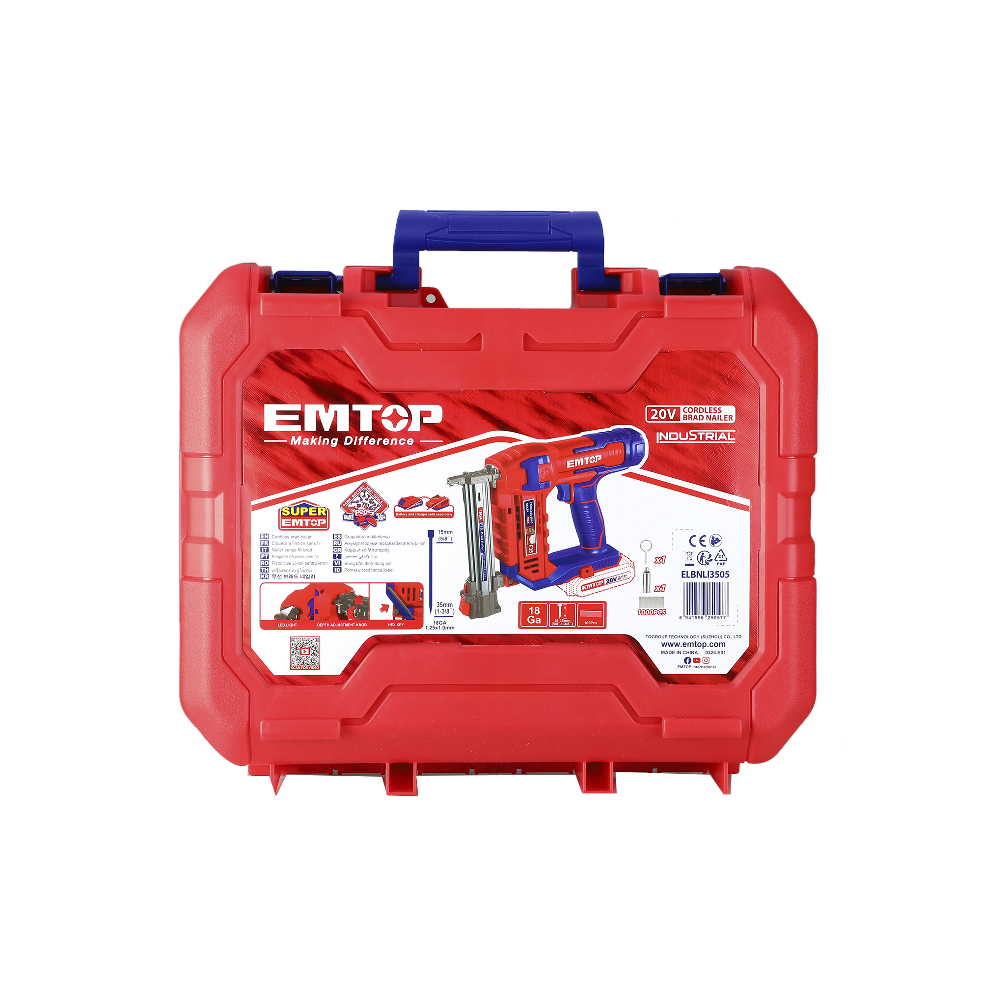 Agrafeuse et cloueur de finition bois 15-35mm à batterie EMTOP 20V batterie et chargeur vendus séparément