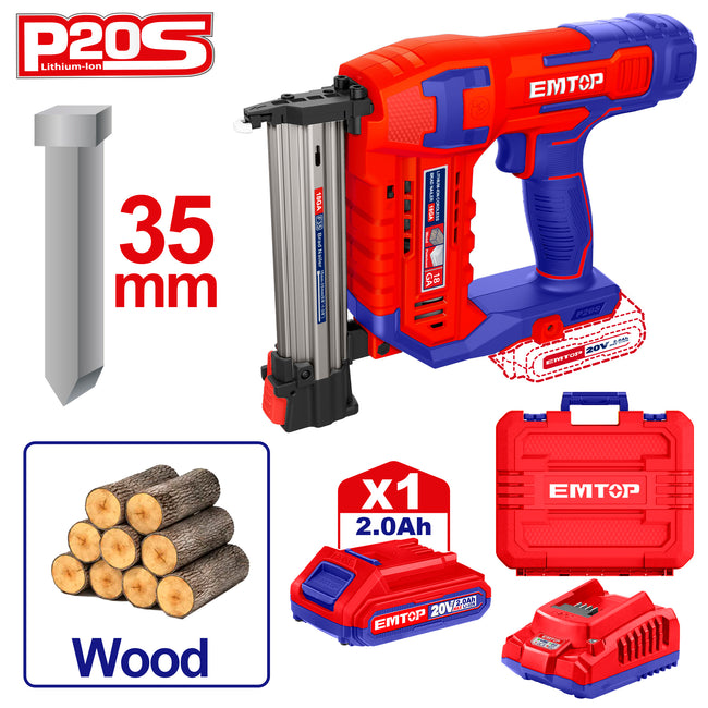 Agrafeuse et cloueur de finition bois 15-35mm à batterie 20V EMTOP 1 chargeur, 1 batterie 2.0Ah Hover Image