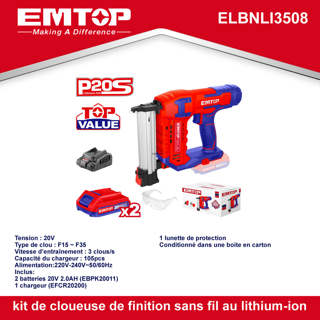Agrafeuse et cloueur de finition 15-35mm à batterie EMTOP 2 batteries 2.0Ah + chargeur