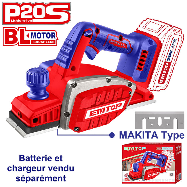 Rabot électrique sans fil Raboteuse 20V EMTOP batterie et chargeur vendus séparément Hover Image