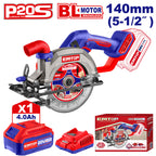 Scie circulaire sans fil 20V 140mm EMTOP Moteur brushless avec 1 batterie 4,0 Ah + 1 chargeur Profondeur de coupe 50mm (90º) 33mm (45º)