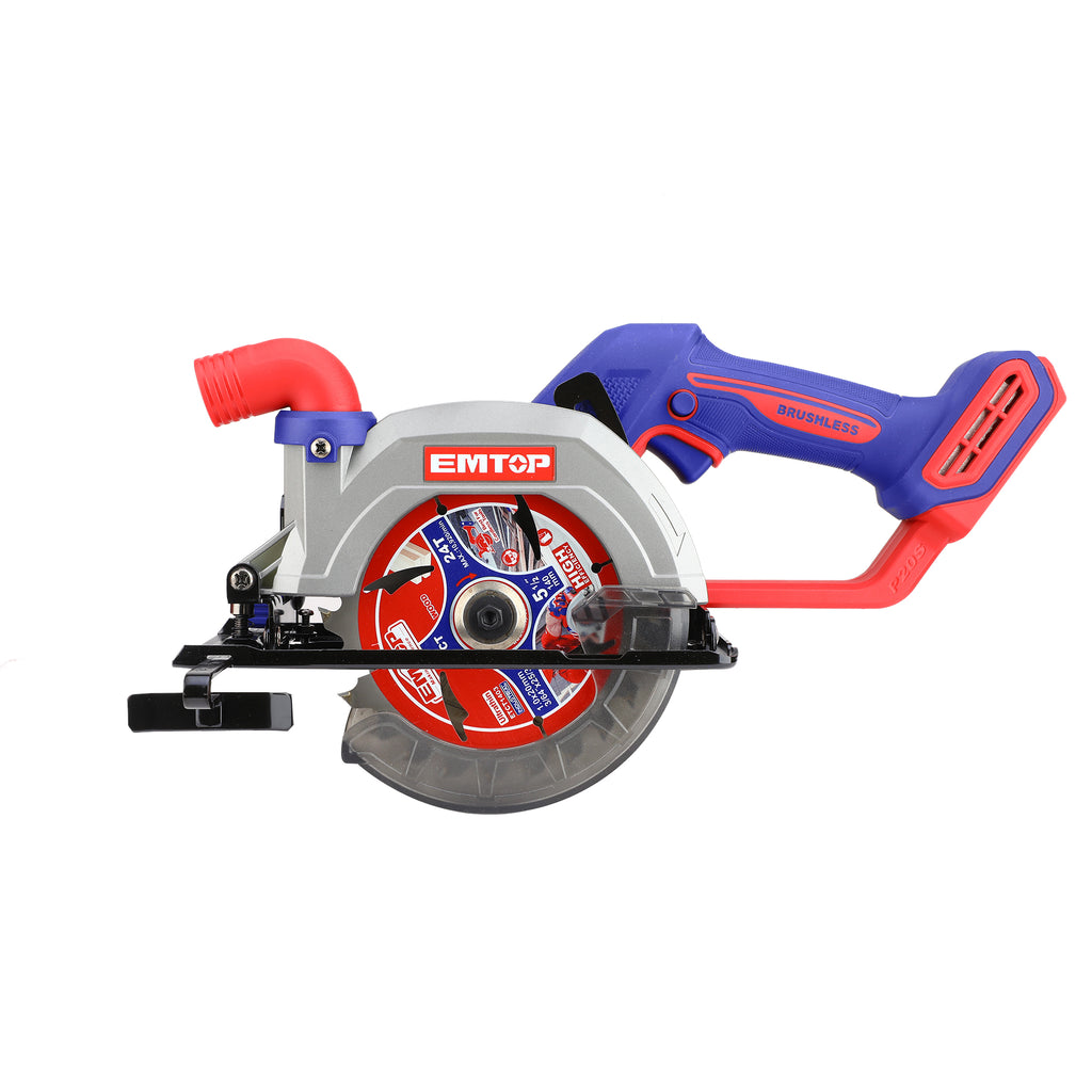 Scie circulaire sans fil 20V 140mm EMTOP Moteur brushless avec 1 batterie 4,0 Ah + 1 chargeur Profondeur de coupe 50mm (90º) 33mm (45º)