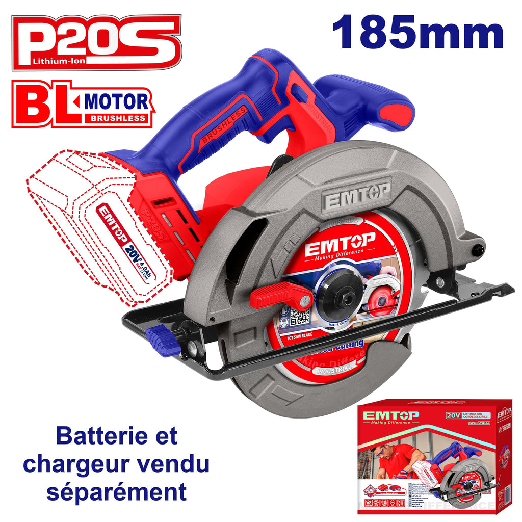 Scie circulaire sans fil 185mm 20V EMTOP Batterie et chargeur vendus séparément