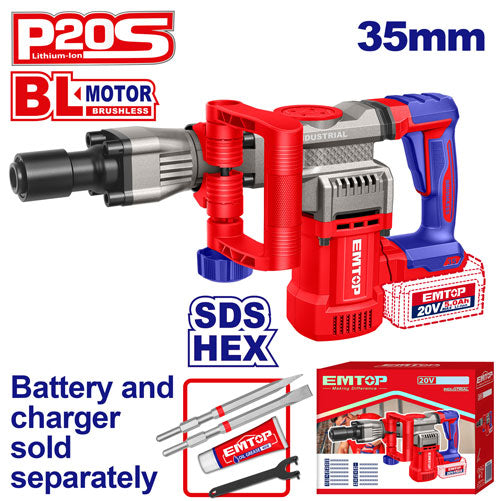 Marteau piqueur de démolition SDS-HEX Brushless Sans Fil 20V EMTOP - 16J, Batterie et chargeur vendus séparément