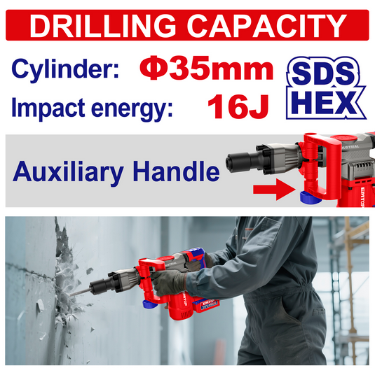 Marteau piqueur de démolition SDS-HEX Brushless Sans Fil 20V EMTOP - 16J, Batterie et chargeur vendus séparément
