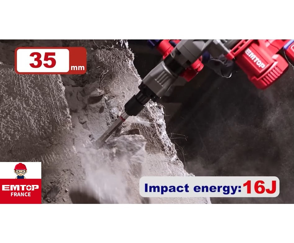 Marteau piqueur de démolition SDS-HEX Brushless Sans Fil 20V EMTOP - 16J, Batterie et chargeur vendus séparément