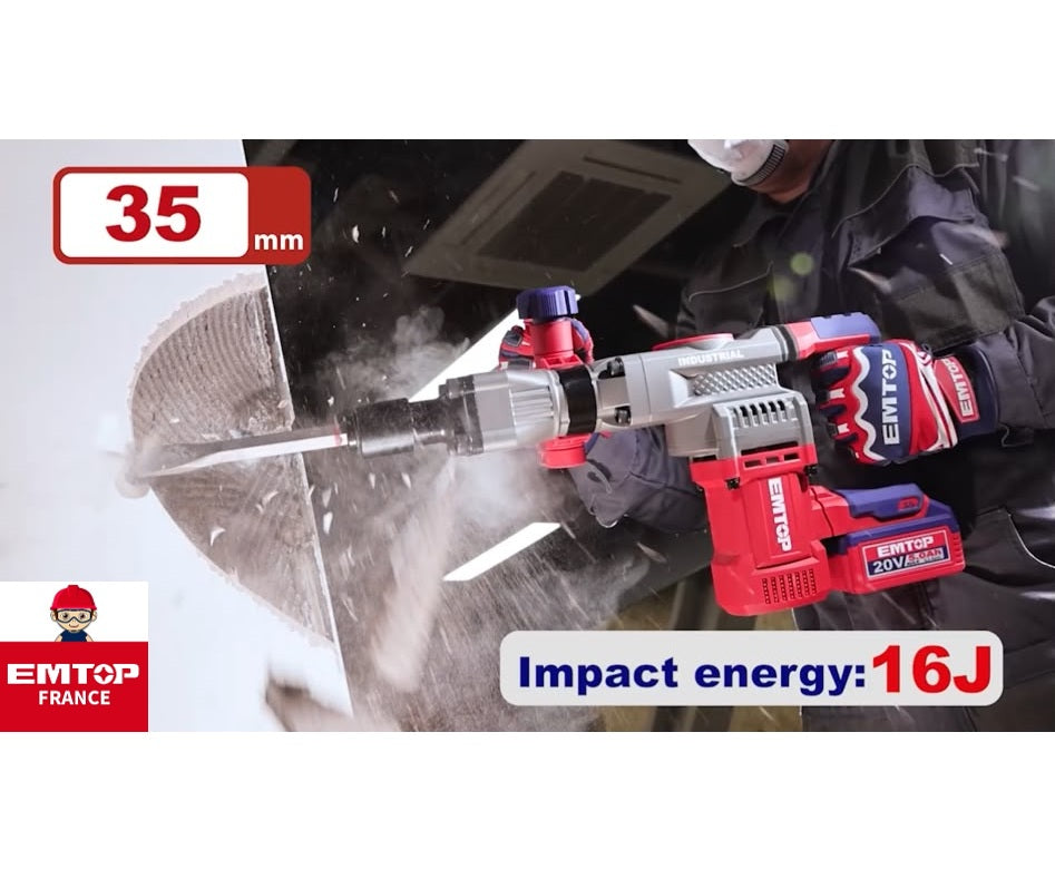 Marteau piqueur de démolition SDS-HEX Brushless Sans Fil 20V EMTOP - 16J, Batterie et chargeur vendus séparément