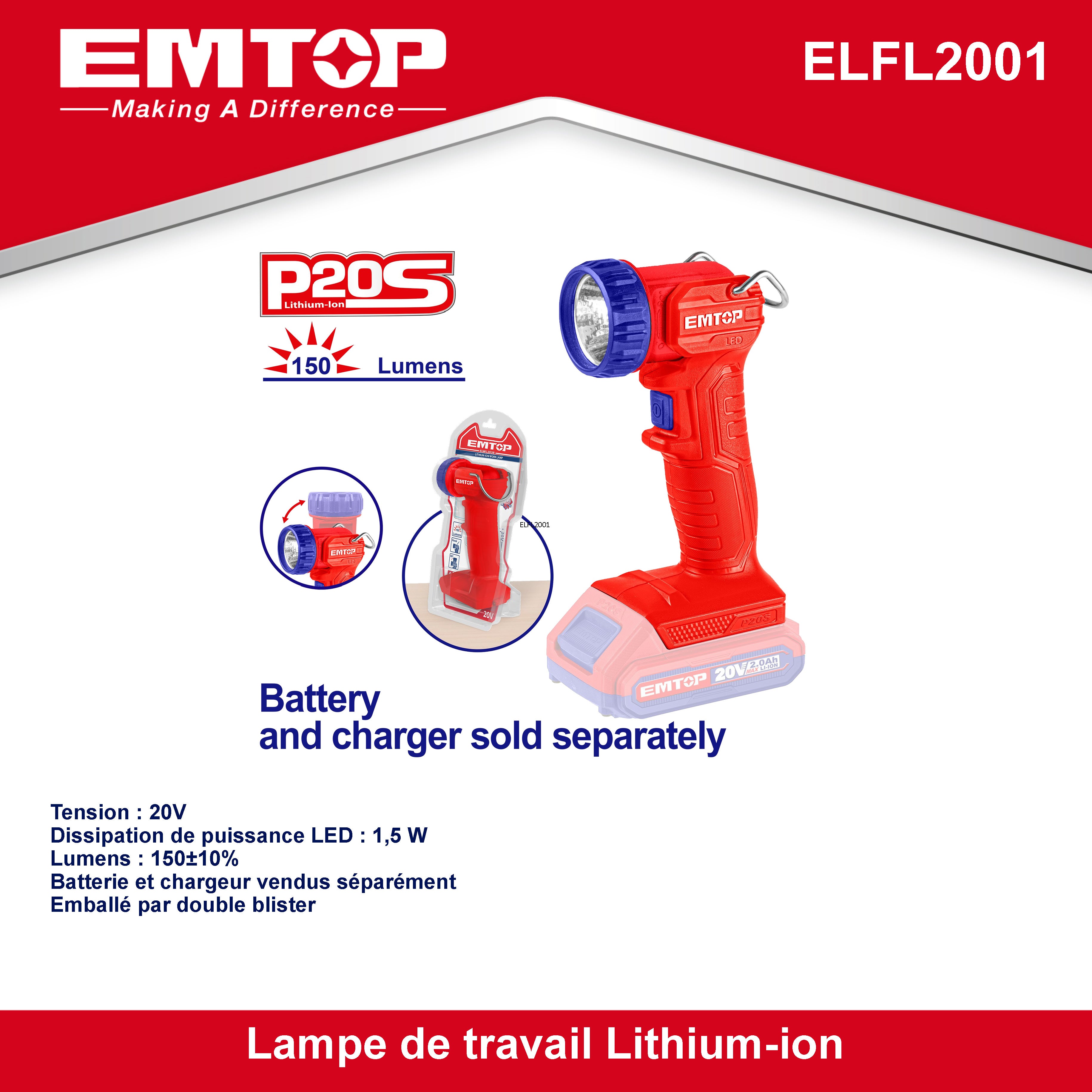 Lampe torche de chantier LED 1.5W à batterie EMTOP 20V Batterie et chargeur vendus séparément