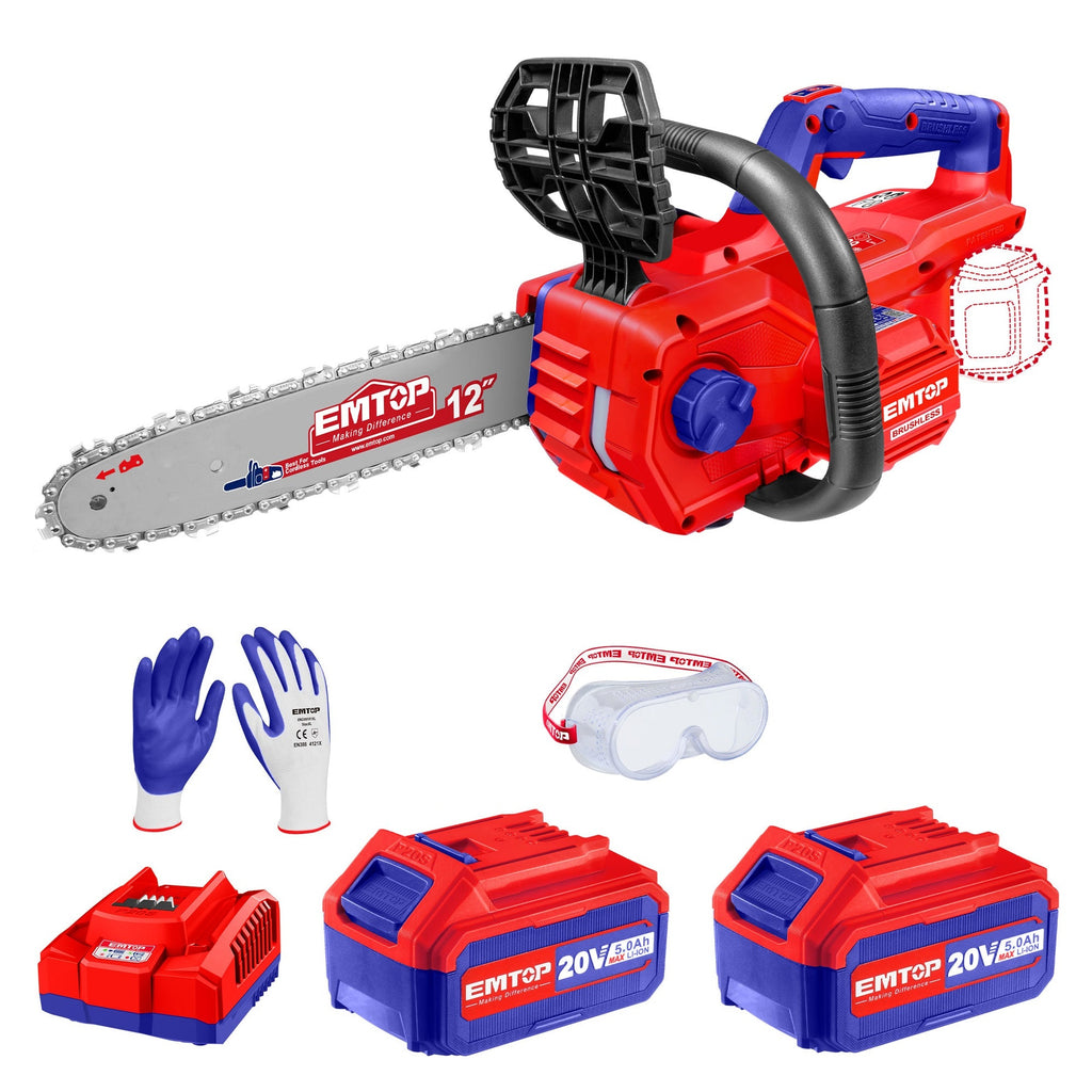 Tronçonneuse à batterie 20V Longueur de Coupe 30 cm EMTOP brushless avec 1 chargeur + 2 batteries 5.0Ah