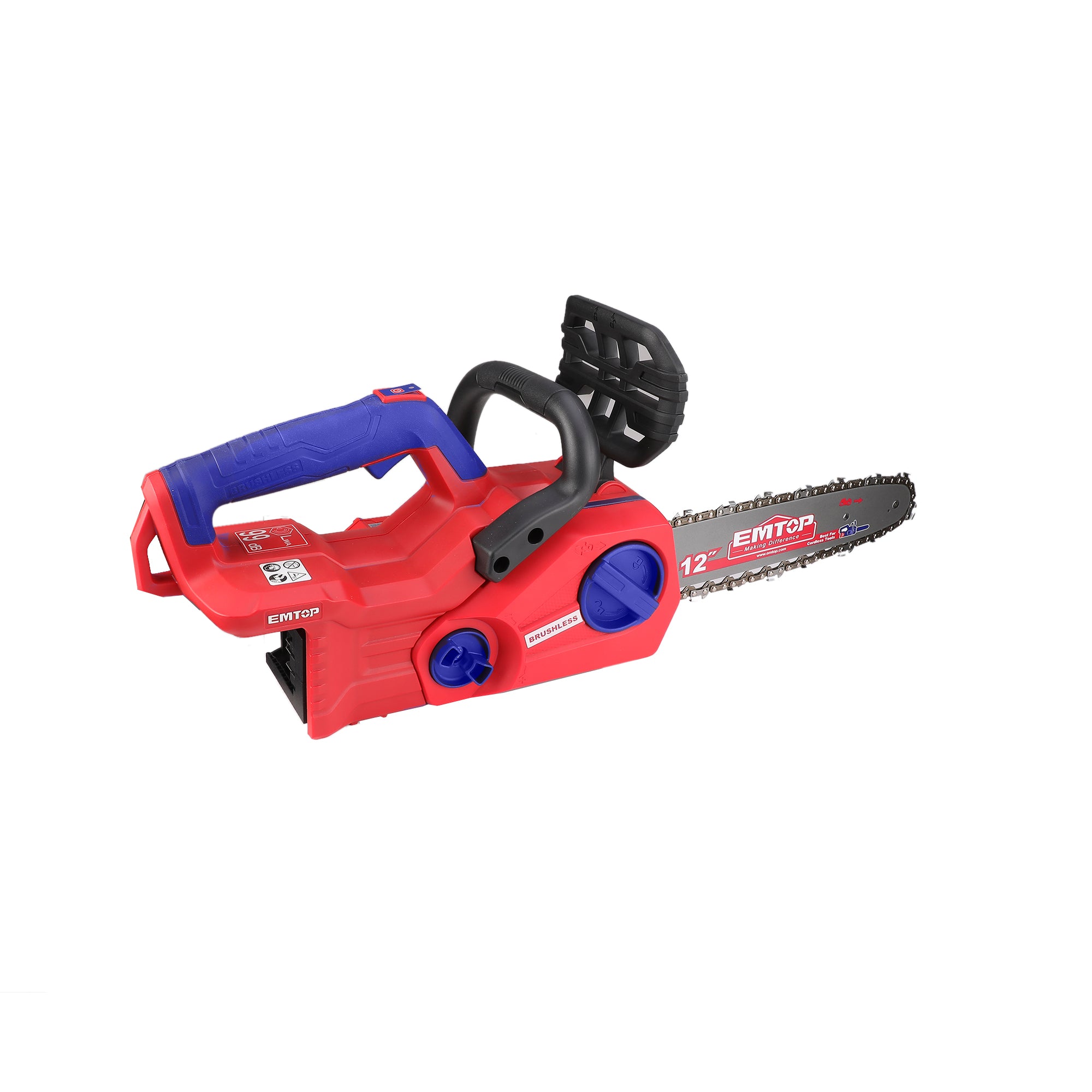 Tronçonneuse à batterie 20V Longueur de Coupe 30 cm EMTOP brushless avec 1 chargeur + 2 batteries 5.0Ah