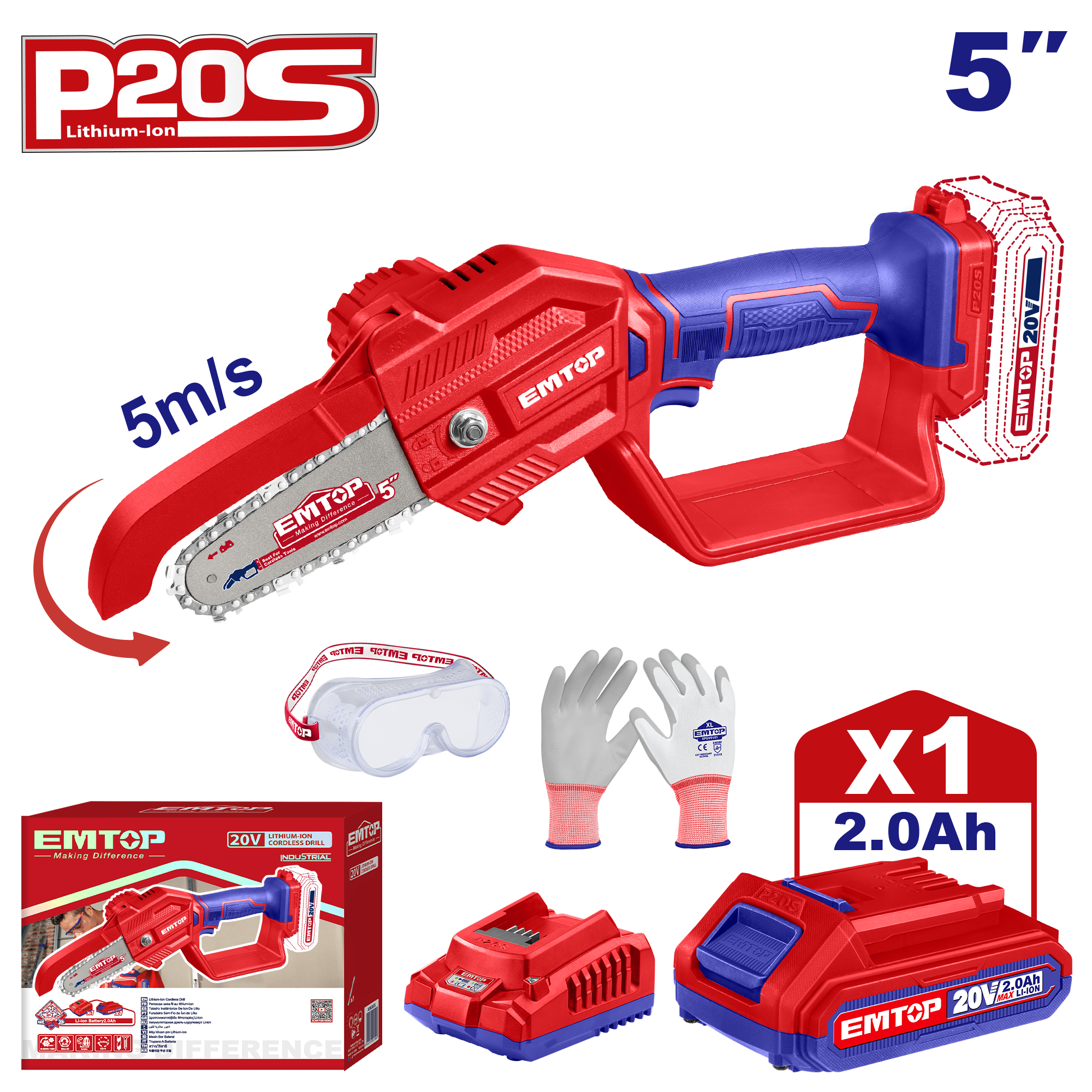 Tronçonneuse élagueuse sur batterie 20V Longueur de Coupe 13 cm EMTOP 20V avec 1 chargeur + 1 batterie 2.0Ah