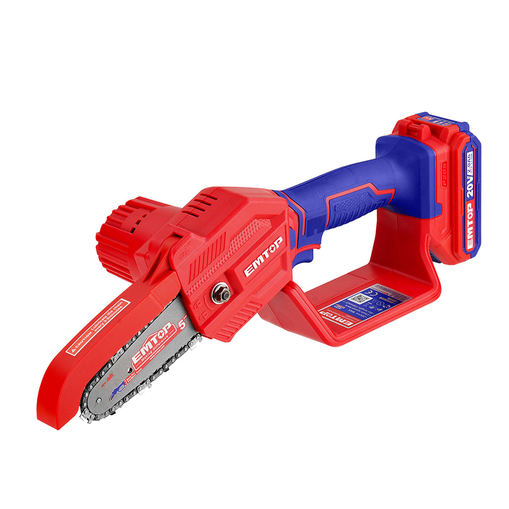 Tronçonneuse élagueuse sur batterie 20V Longueur de Coupe 13 cm EMTOP 20V avec 1 chargeur + 1 batterie 2.0Ah