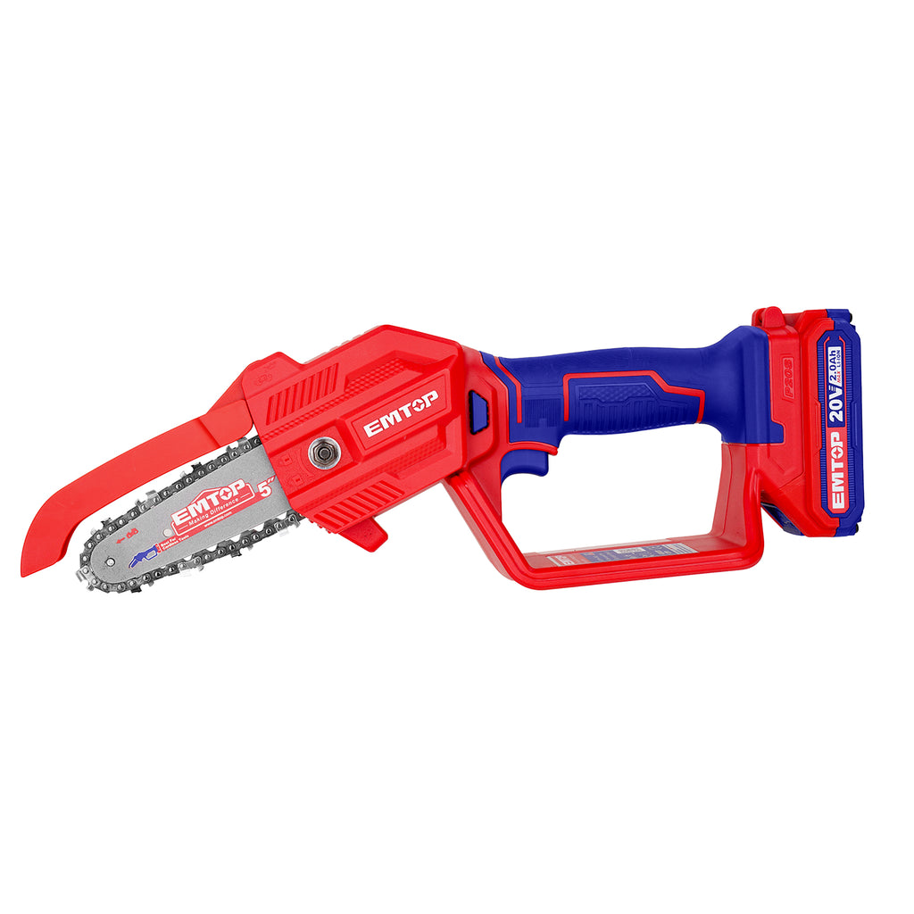 Tronçonneuse élagueuse sur batterie 20V Longueur de Coupe 13 cm EMTOP 20V avec 1 chargeur + 1 batterie 2.0Ah