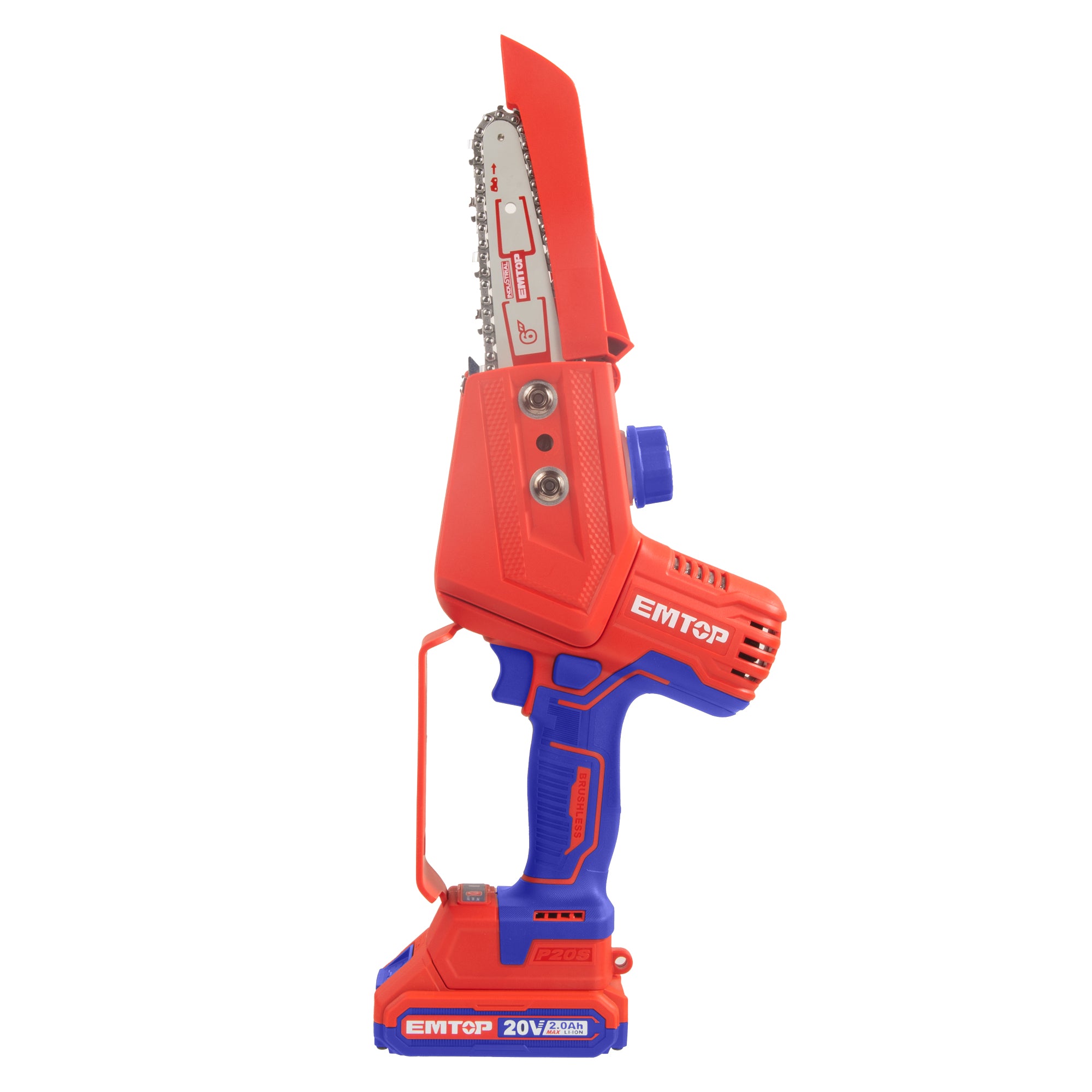 Elagueuse sur batterie Scie à chaine sans fil 20V Longueur de Coupe 15 cm EMTOP brushless avec 1 chargeur + 2 batteries 2.0Ah