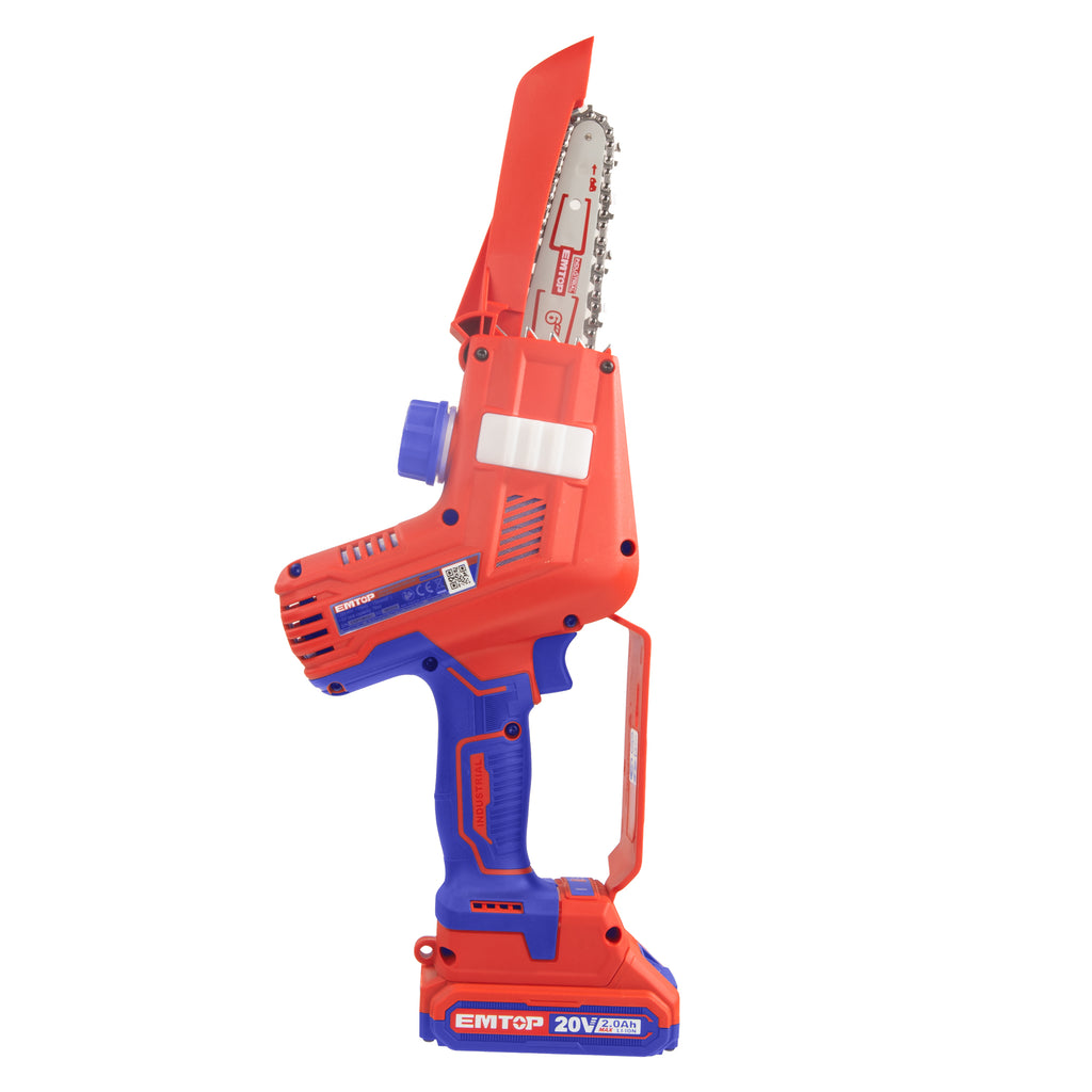 Elagueuse sur batterie Scie à chaine sans fil 20V Longueur de Coupe 15 cm EMTOP brushless avec 1 chargeur + 2 batteries 2.0Ah