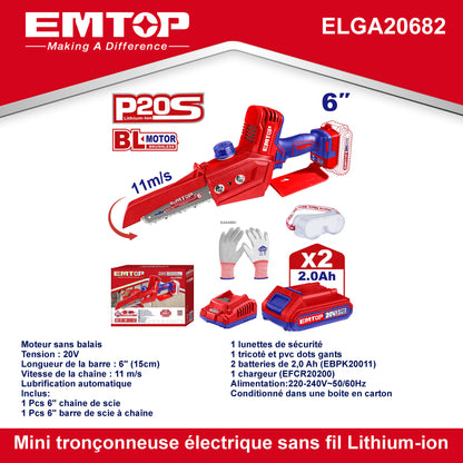 Mini tronçonneuse à batterie Scie à chaine sans fil EMTOP 20V brushless avec 1 chargeur + 2 batteries lithium-ion 2.0Ah + Gant picots PVC Lunettes de sécurité Longueur de Coupe 15 cm