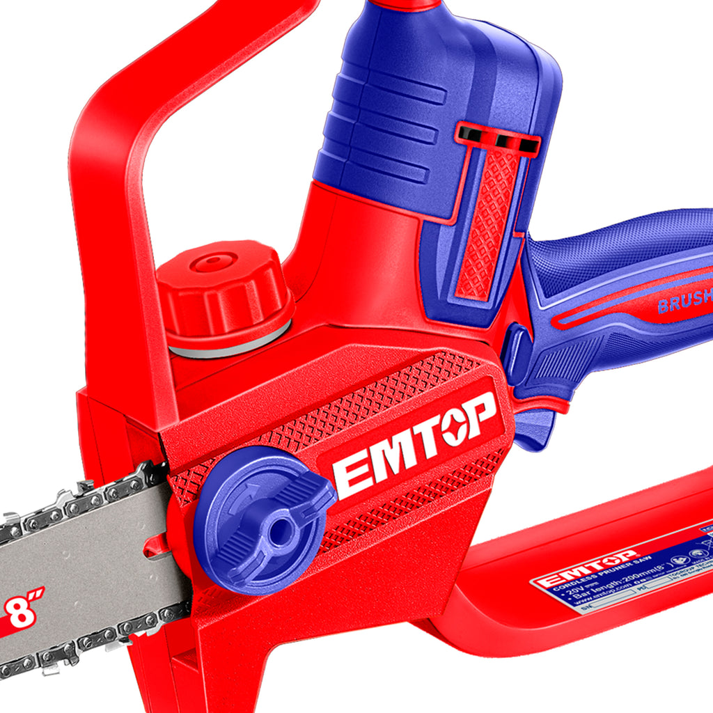 Tronçonneuse d’élagage sans fil 20 V Brushless – Guide 20 cm (8") – EMTOP – Batterie et chargeur vendus séparément