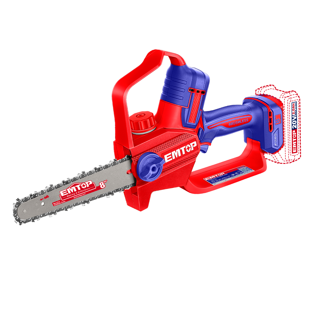 Tronçonneuse d’élagage sans fil 20 V Brushless – Guide 20 cm (8") – EMTOP – Batterie et chargeur vendus séparément