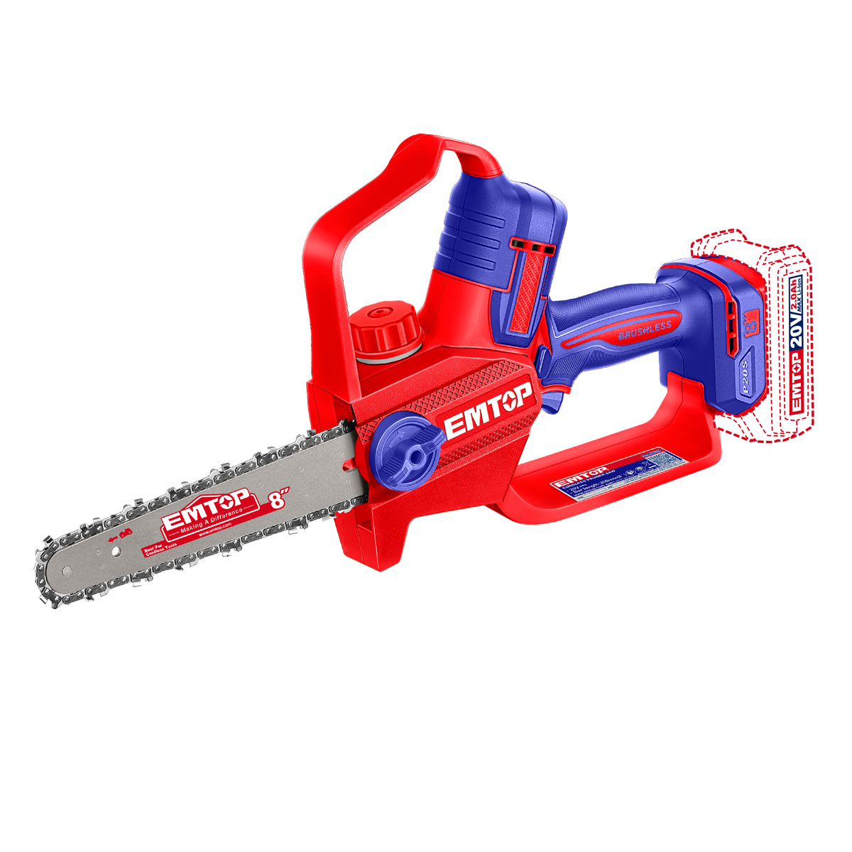 Tronçonneuse d’élagage sans fil 20 V Brushless – Guide 20 cm (8") – EMTOP – Batterie et chargeur vendus séparément