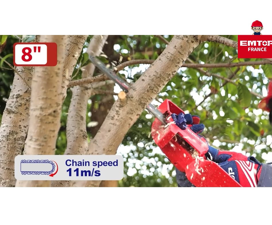 Tronçonneuse élagueuse sur batterie 20V EMTOP - Brushless – Guide 20 cm, Batterie et chargeur vendus séparément