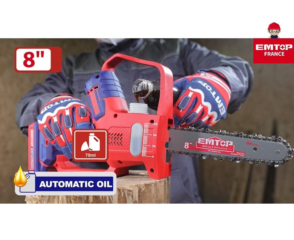 Tronçonneuse élagueuse sur batterie 20V EMTOP - Brushless – Guide 20 cm, Batterie et chargeur vendus séparément