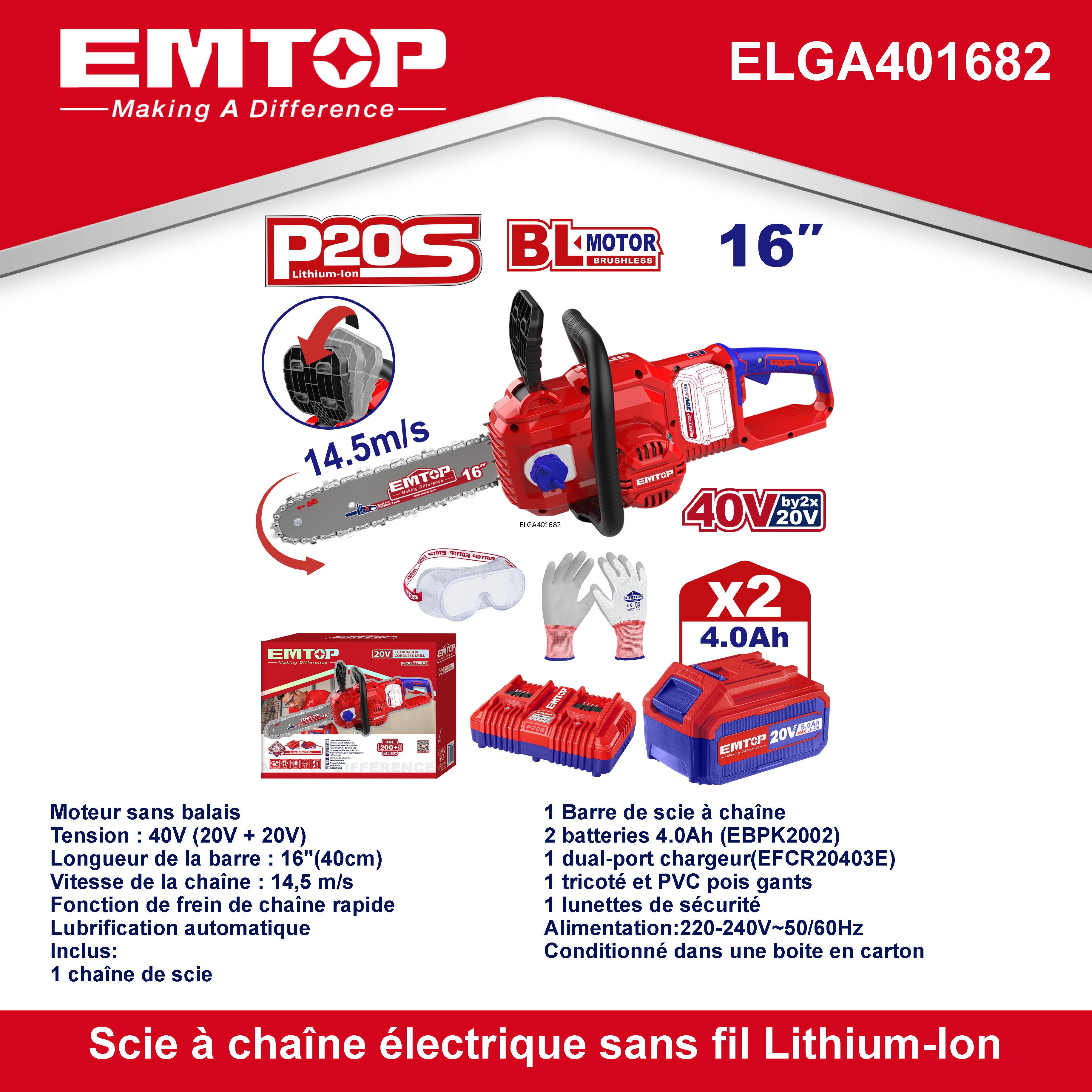 Kit tronçonneuse à batterie 40V Longueur de Coupe 40 cm EMTOP brushless avec 1 chargeur double port + 2 batteries 4.0Ah