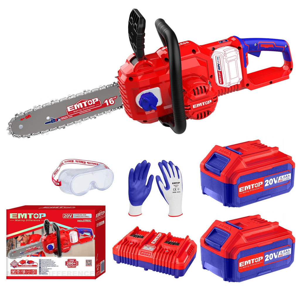 Kit tronçonneuse à batterie 40V Longueur de Coupe 40 cm EMTOP brushless avec 1 chargeur double port + 2 batteries 4.0Ah