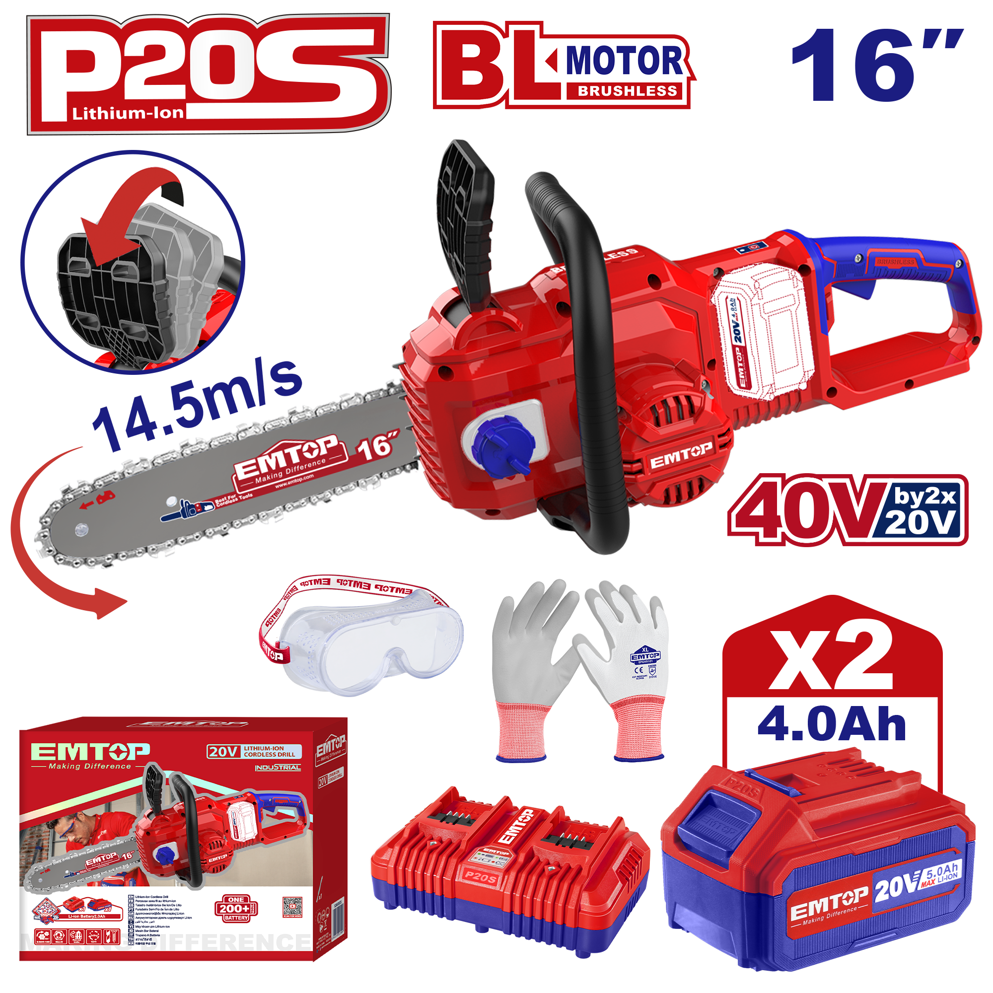Kit tronçonneuse à batterie 40V Longueur de Coupe 40 cm EMTOP brushless avec 1 chargeur double port + 2 batteries 4.0Ah