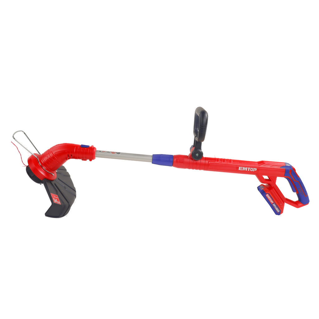 Coupe-bordures sur batterie EMTOP 20V avec 1 chargeur + 1 Batterie Lithium-ion 2.0Ah + 2 bobines de ligne Longueur de ligne 5 m avec tube télescopique poignée de réglable