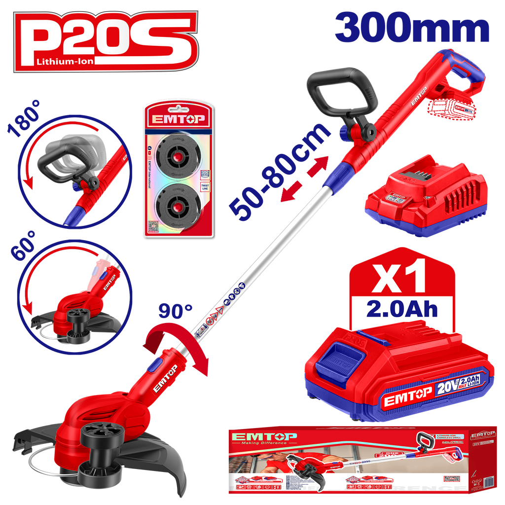 Kit coupe-bordures sans fil 20V EMTOP 1 chargeur + 1 Batterie 2.0Ah