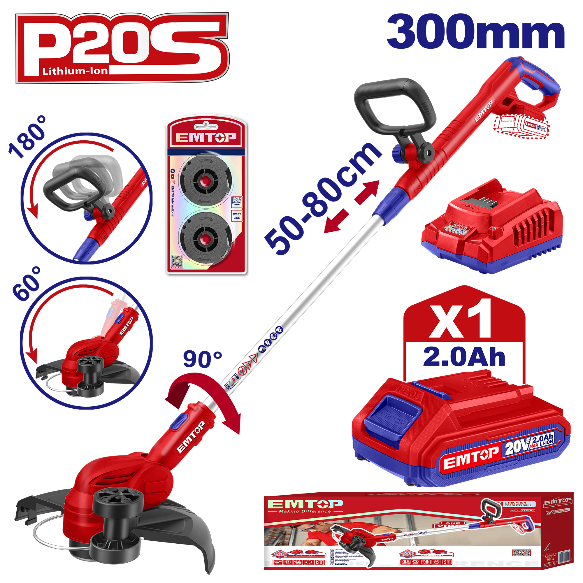Kit coupe-bordures sans fil 20V EMTOP 1 chargeur + 1 Batterie 2.0Ah