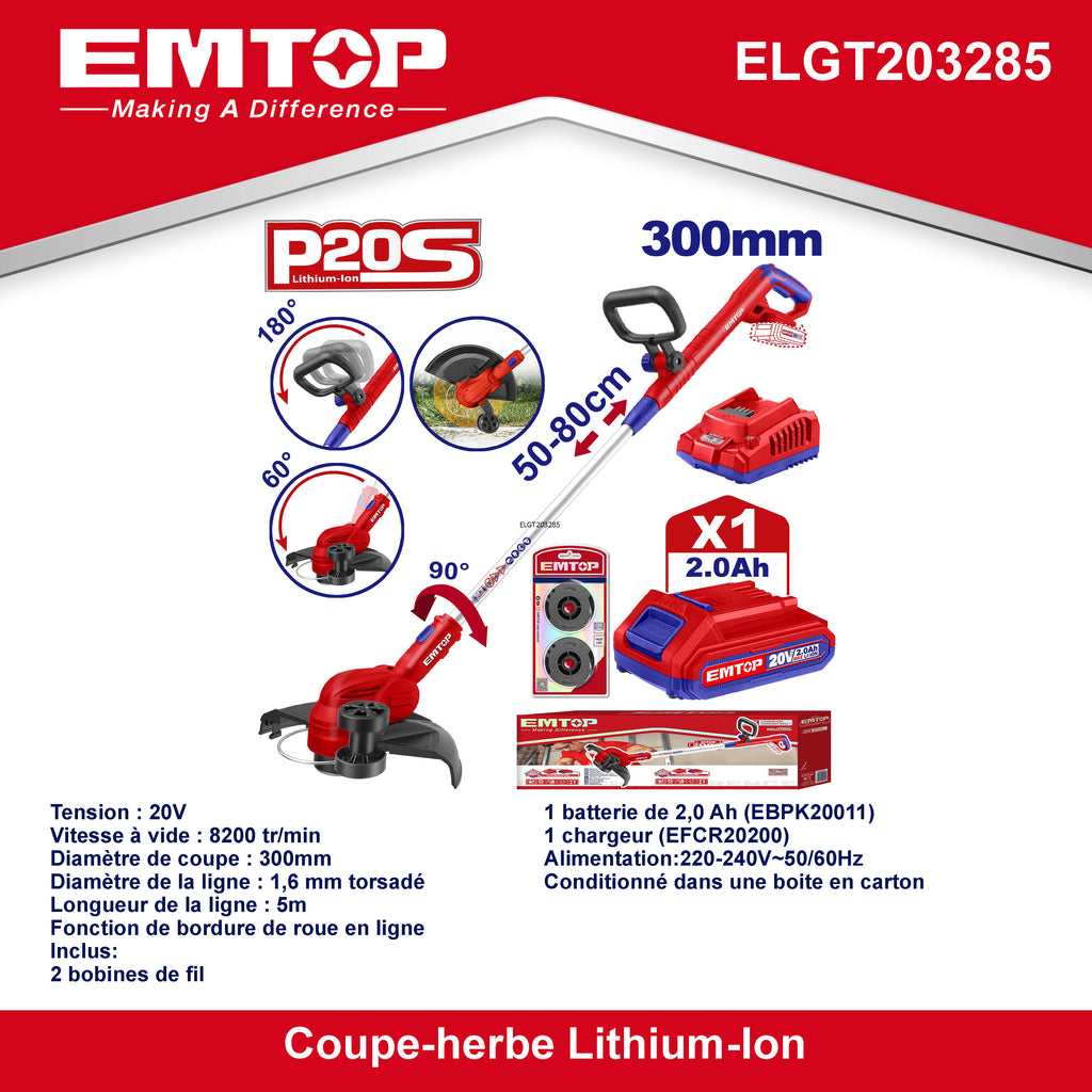 Kit coupe-bordures sans fil 20V EMTOP 1 chargeur + 1 Batterie 2.0Ah