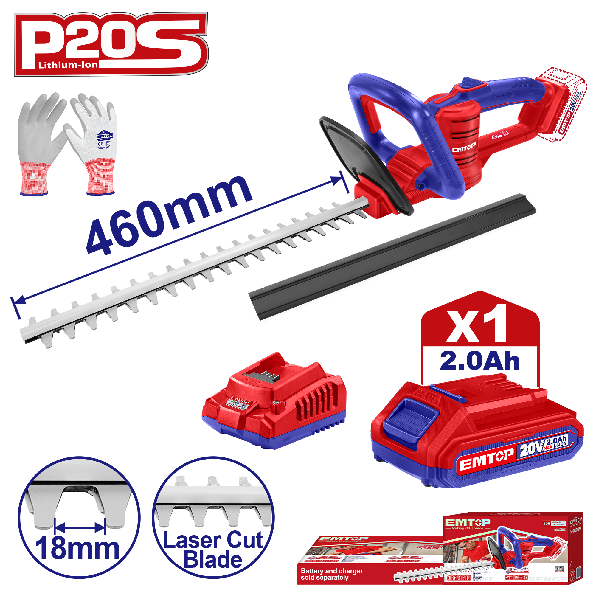Taille-Haie à batterie EMTOP 20V avec 1 chargeur + 1 batterie lithium-ion 2.0Ah + Gant picots PVC Longueur de Lame 460 mm Diamètre de Coupe 16 mm