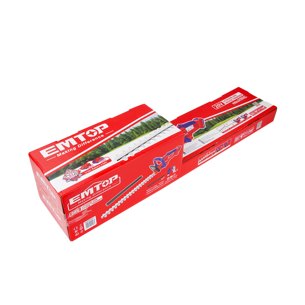 Taille-Haie à batterie EMTOP 20V avec 1 chargeur + 1 batterie lithium-ion 2.0Ah + Gant picots PVC Longueur de Lame 460 mm Diamètre de Coupe 16 mm