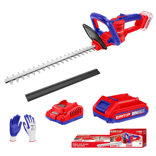 Taille-Haie à batterie EMTOP 20V avec 1 chargeur + 1 batterie lithium-ion 2.0Ah + Gant picots PVC Longueur de Lame 460 mm Diamètre de Coupe 16 mm Hover Image