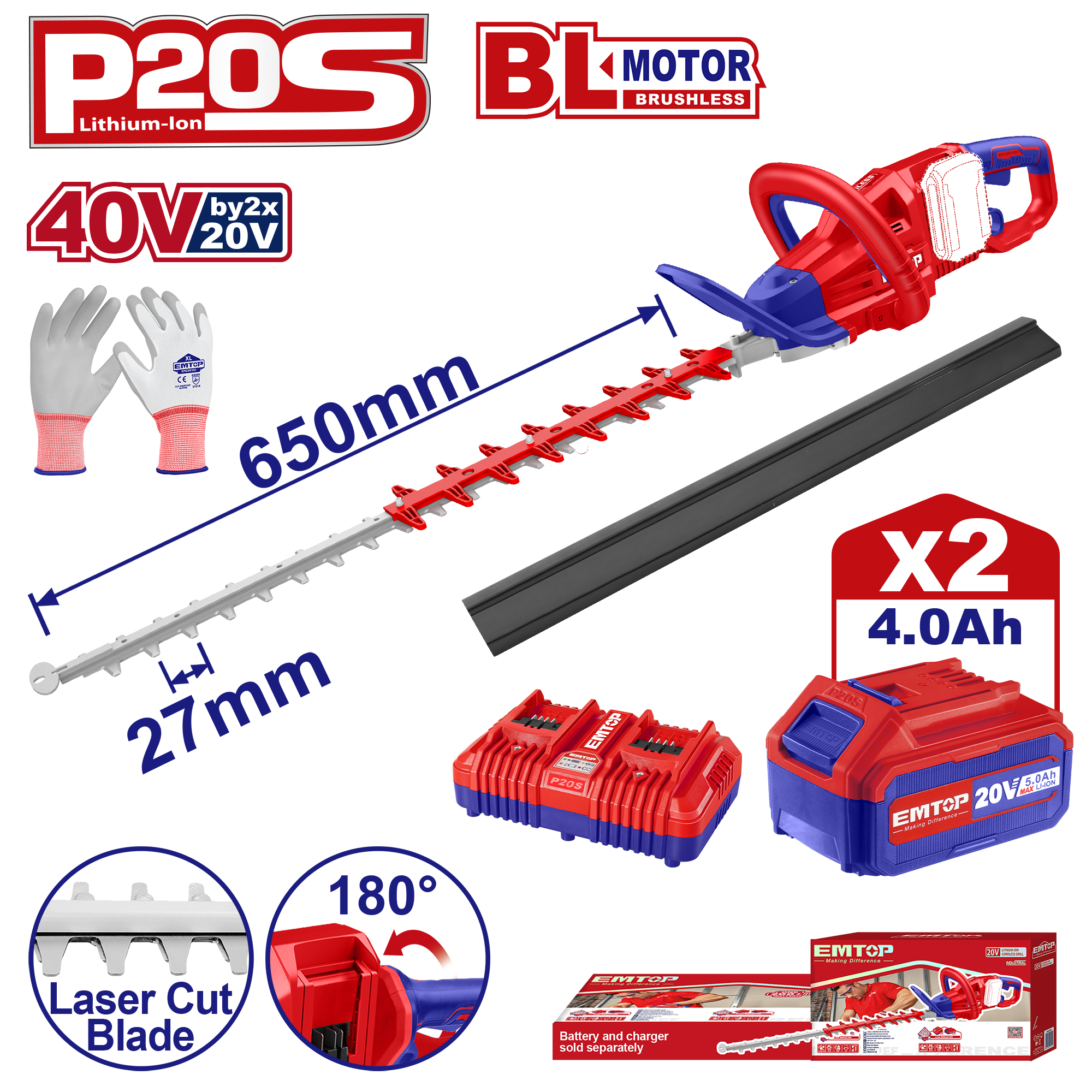 Taille-haies à batterie 40V Lame 65 cm EMTOP Brushless avec 1 chargeur double port + 2 batteries 4.0Ah