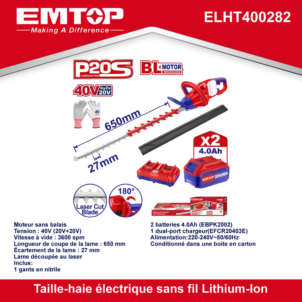 Taille-haies à batterie 40V Lame 65 cm EMTOP Brushless avec 1 chargeur double port + 2 batteries 4.0Ah