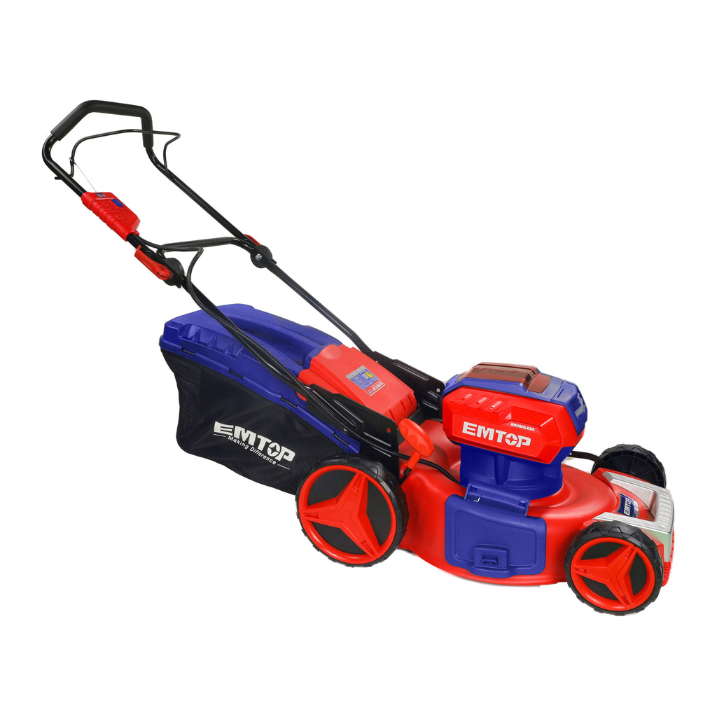 Tondeuse à gazon sur batterie 40V EMTOP Brushless avec 1 chargeur double port + 2 batteries 5.0Ah Bac 60L Diamètre de coupe 46 cm