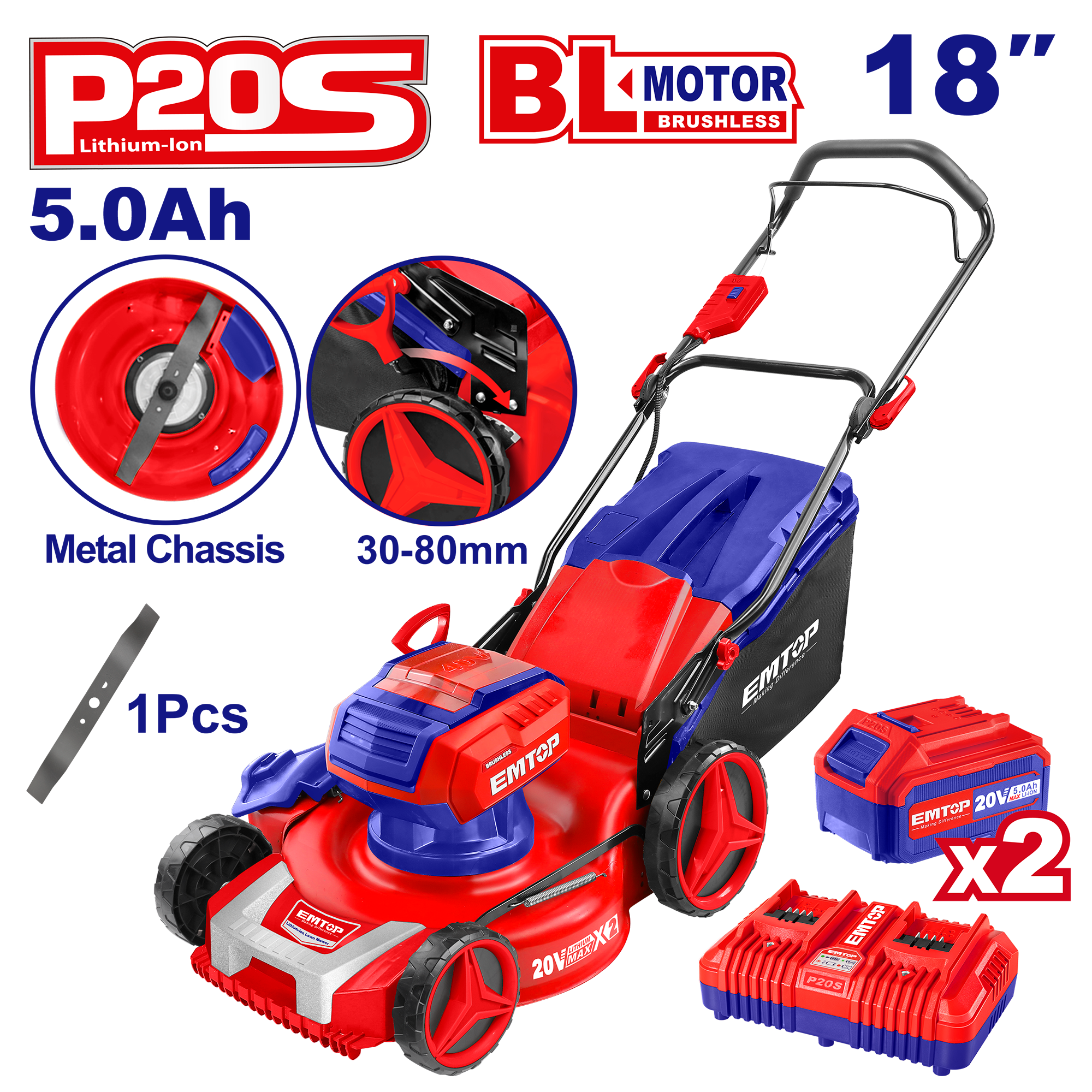 Tondeuse à gazon sur batterie 40V EMTOP Brushless avec 1 chargeur double port + 2 batteries 5.0Ah Bac 60L Diamètre de coupe 46 cm