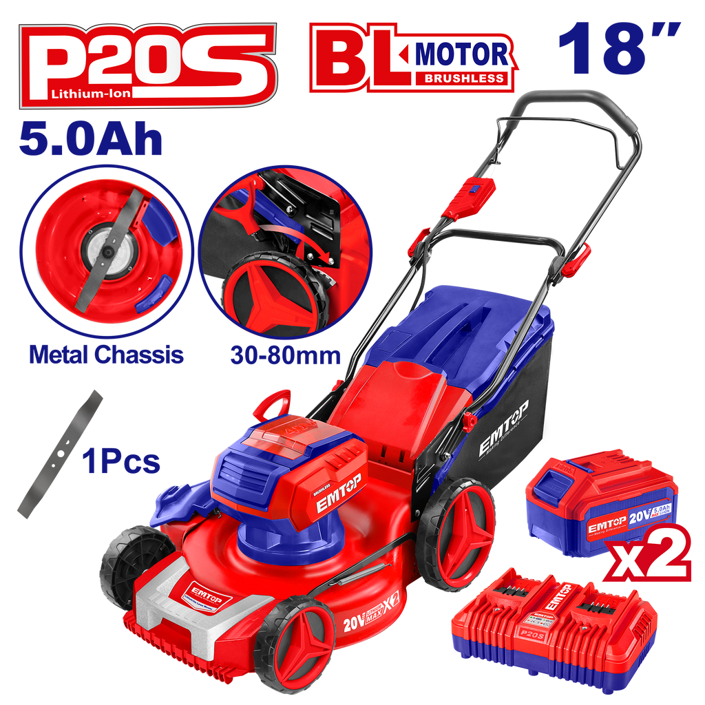 Tondeuse à gazon sur batterie 40V EMTOP Brushless avec 1 chargeur double port + 2 batteries 5.0Ah Bac 60L Diamètre de coupe 46 cm