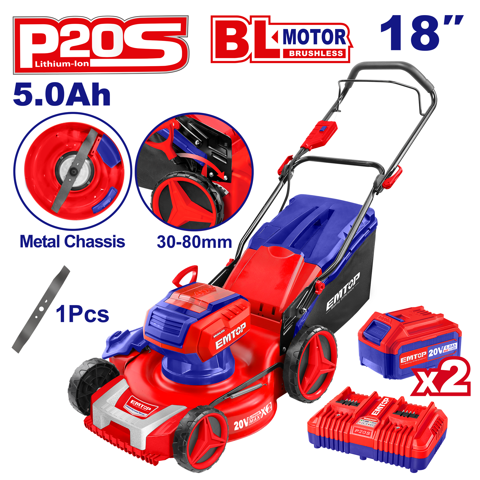 Tondeuse à gazon sur batterie 40V EMTOP Brushless avec 1 chargeur double port + 2 batteries 5.0Ah Bac 60L Diamètre de coupe 46 cm