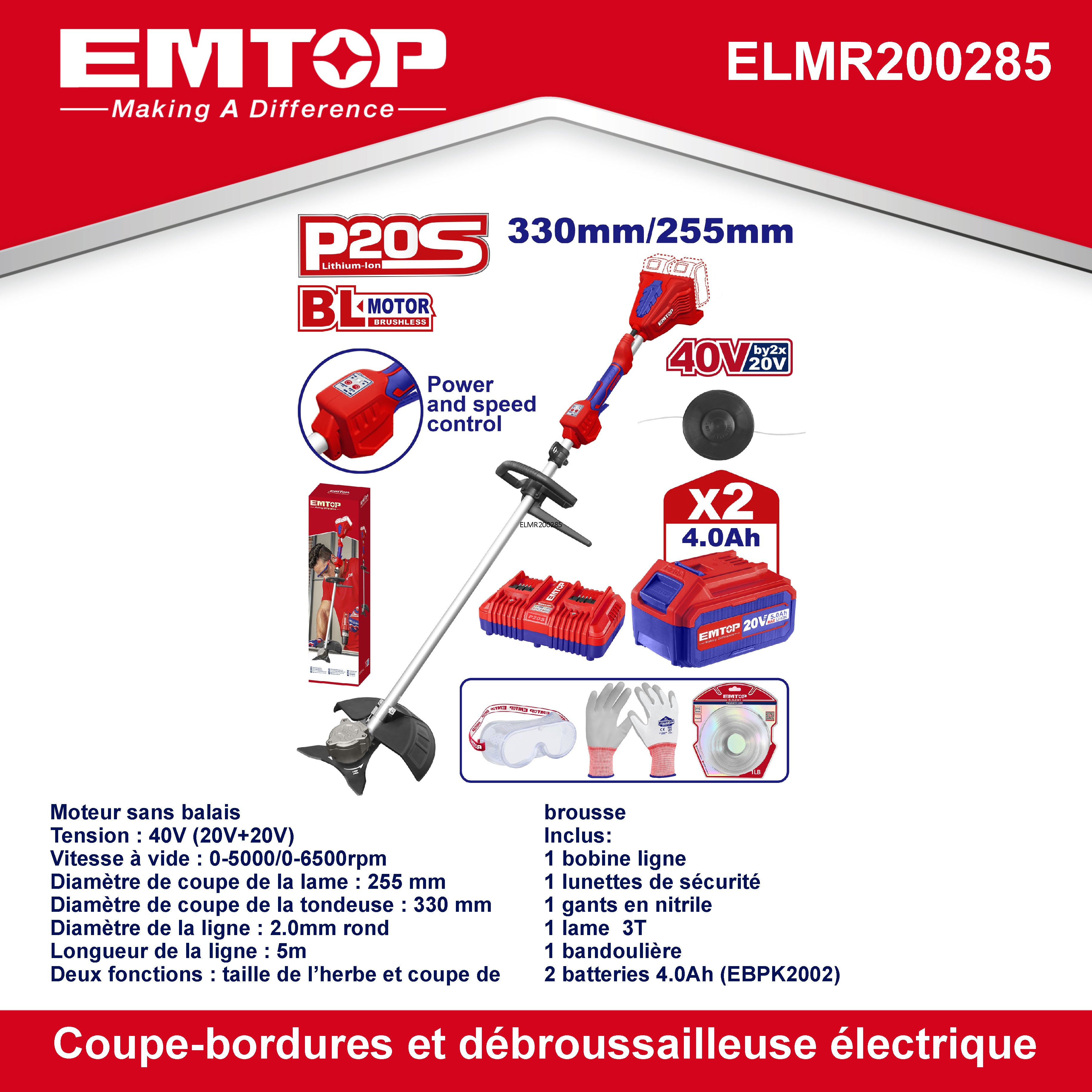 Débroussailleuse à batterie 40V EMTOP Brushless avec 1 chargeur double port + 2 batteries 4.0Ah